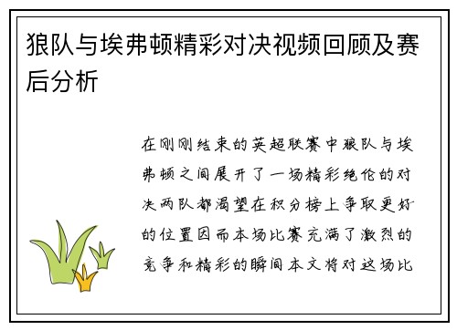 狼队与埃弗顿精彩对决视频回顾及赛后分析